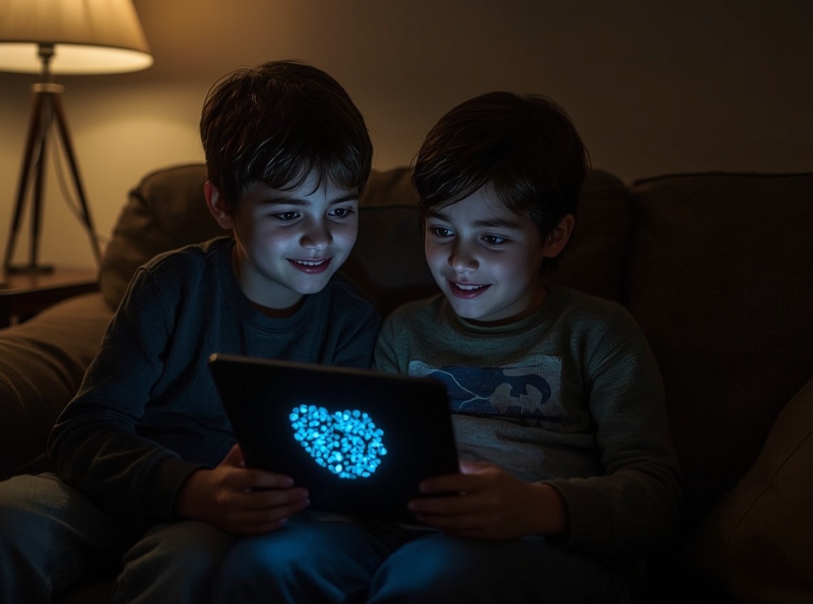 Two children talking to a parent's glowing presence on a tablet